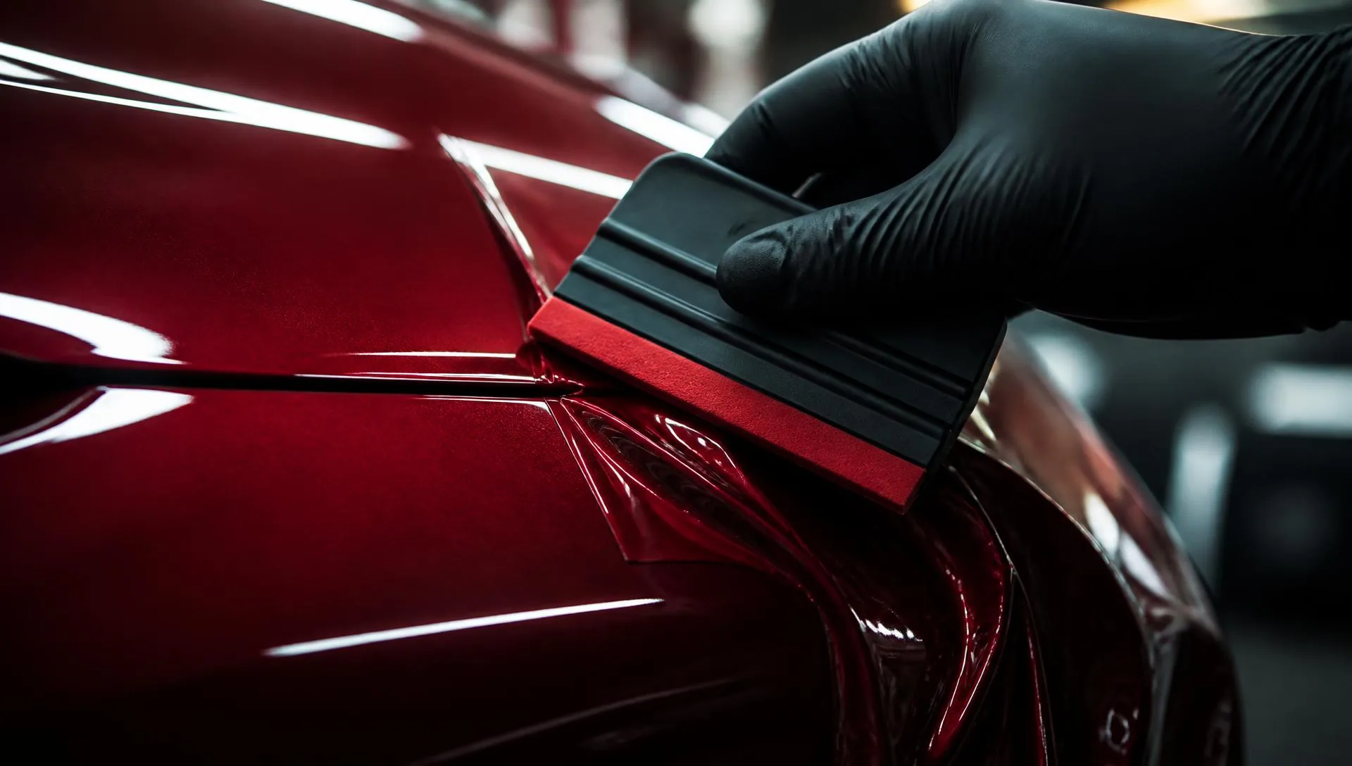 Gloss vinyl wrap film laid down by hand with a squeegee for a clean, painted-on finish
